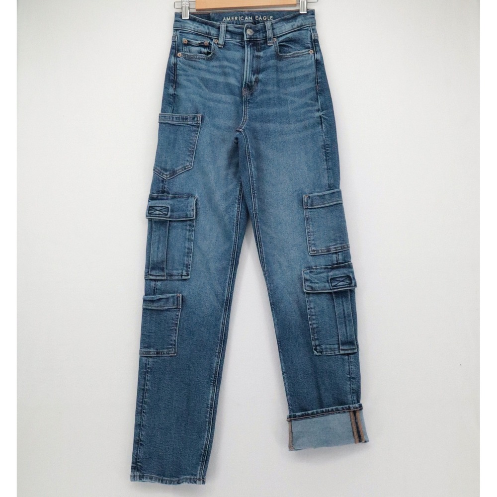 American Eagle Womens Sz 000 Reg High Waisted‎ Cargo Jeans Medium Wash Y2K 90s